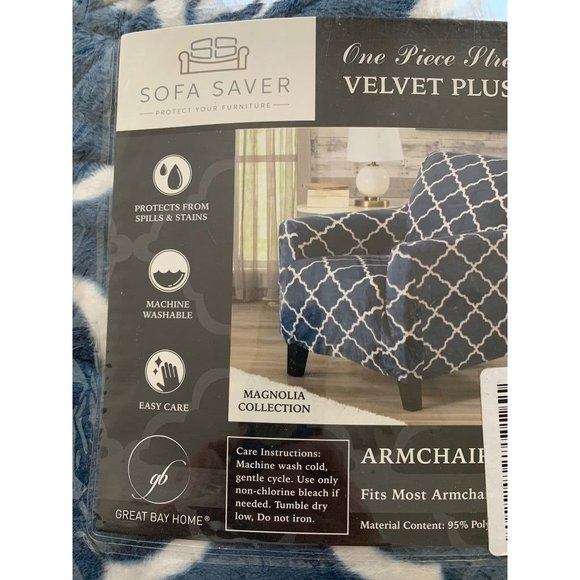 Sofa Saver One Piece Stretch Velvet Plus Slip Cover Armchair up to 43" Wide Blue - Picture 3 of 5